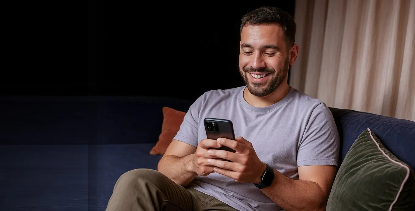A relaxed person on the sofa checking MoneyLights on their phone