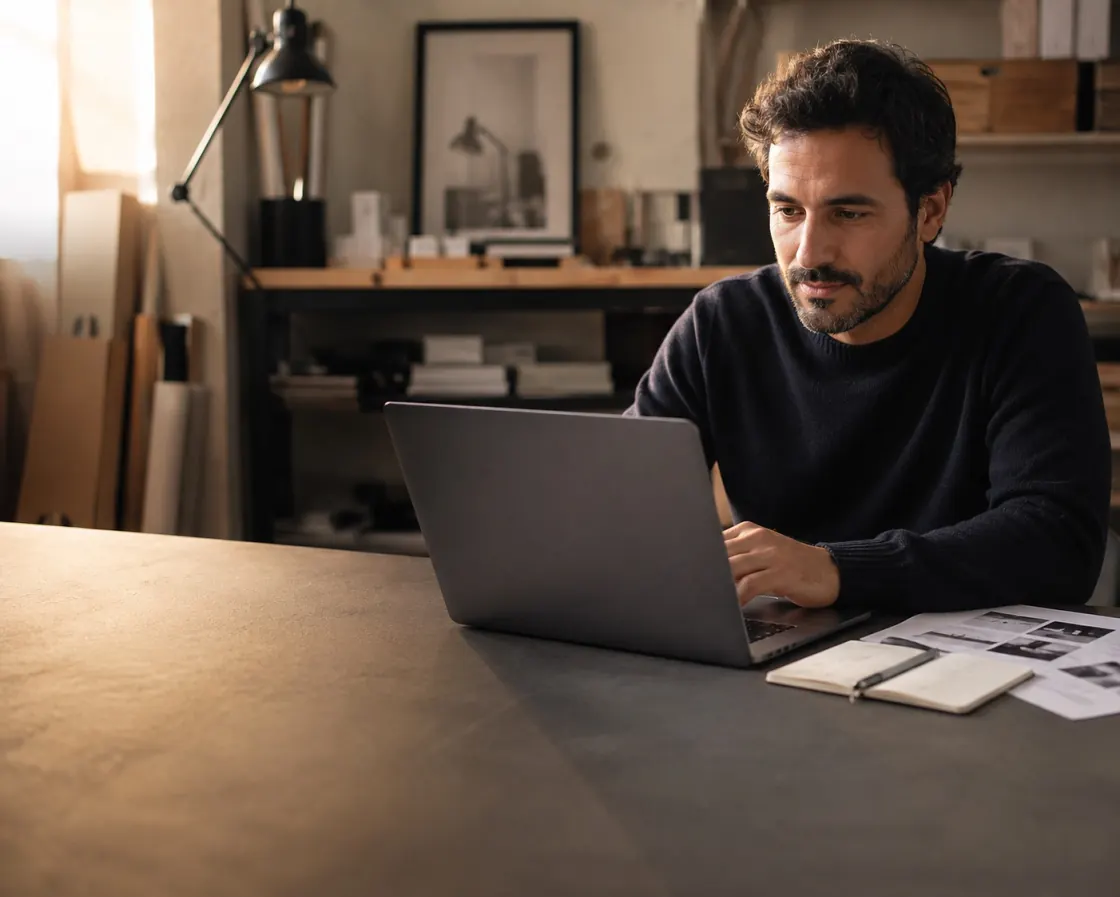 Man in his studio, at his laptop, deciding on a purchase at the end of the day