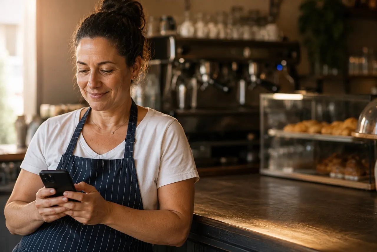 Café owner at the counter, glancing at her phone between customers