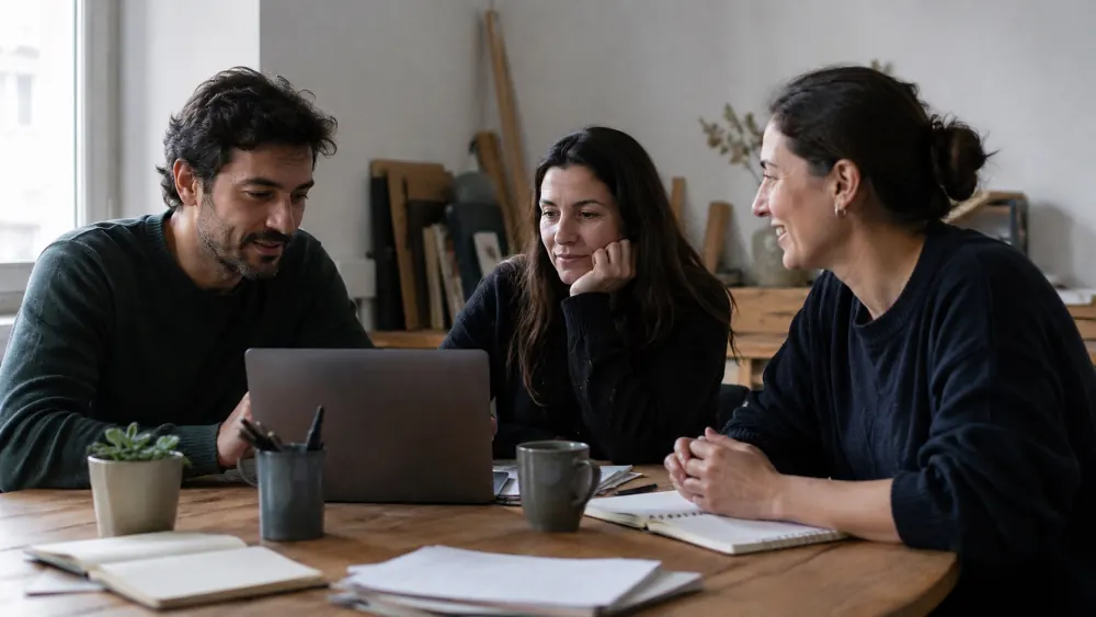 A small team gathered around a table with a laptop