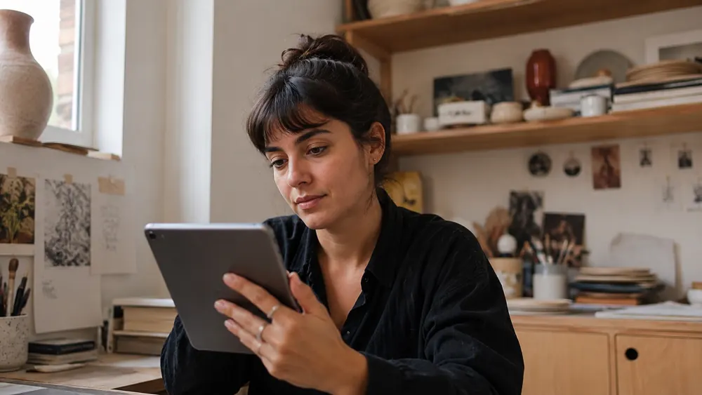 Freelancer in her studio checking her tablet