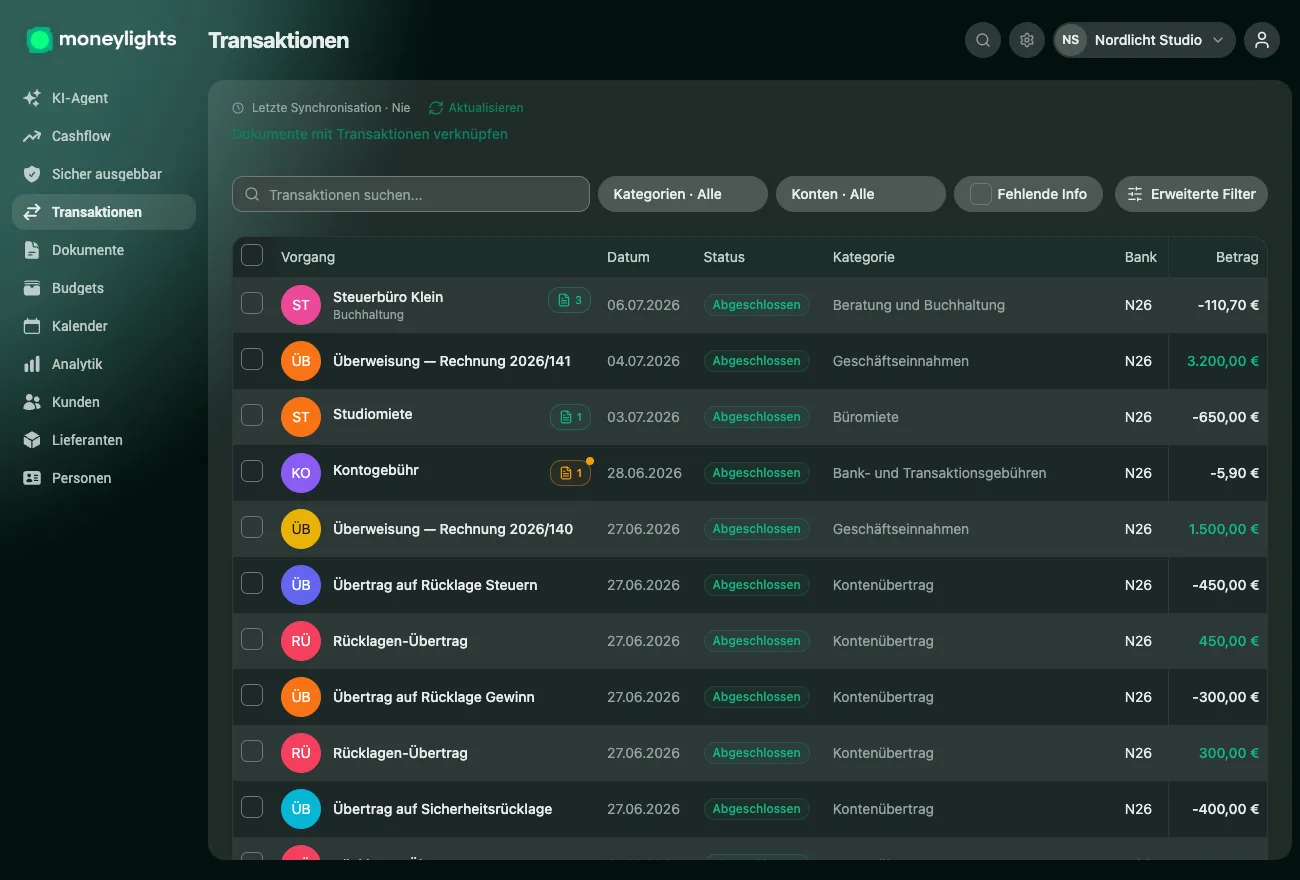 Transaktionsansicht von MoneyLights: jede Bewegung aus der Bank synchronisiert und automatisch kategorisiert, mit Status, Kategorie, Bank und Betrag