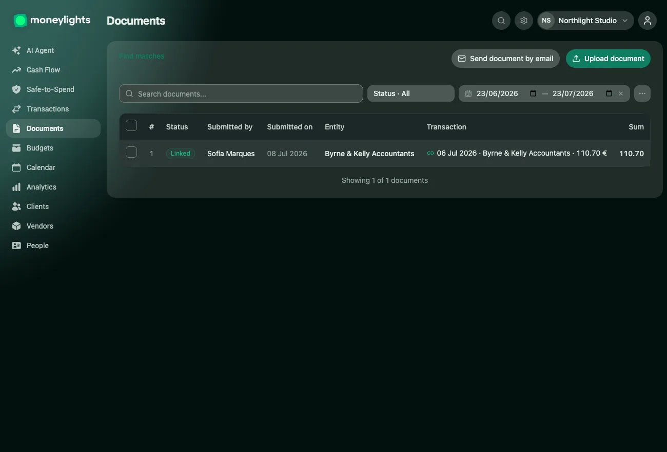 MoneyLights Documents screen: the list of invoices linked to transactions (Linked, Suggestion, Processing statuses) with a preview of an open invoice alongside