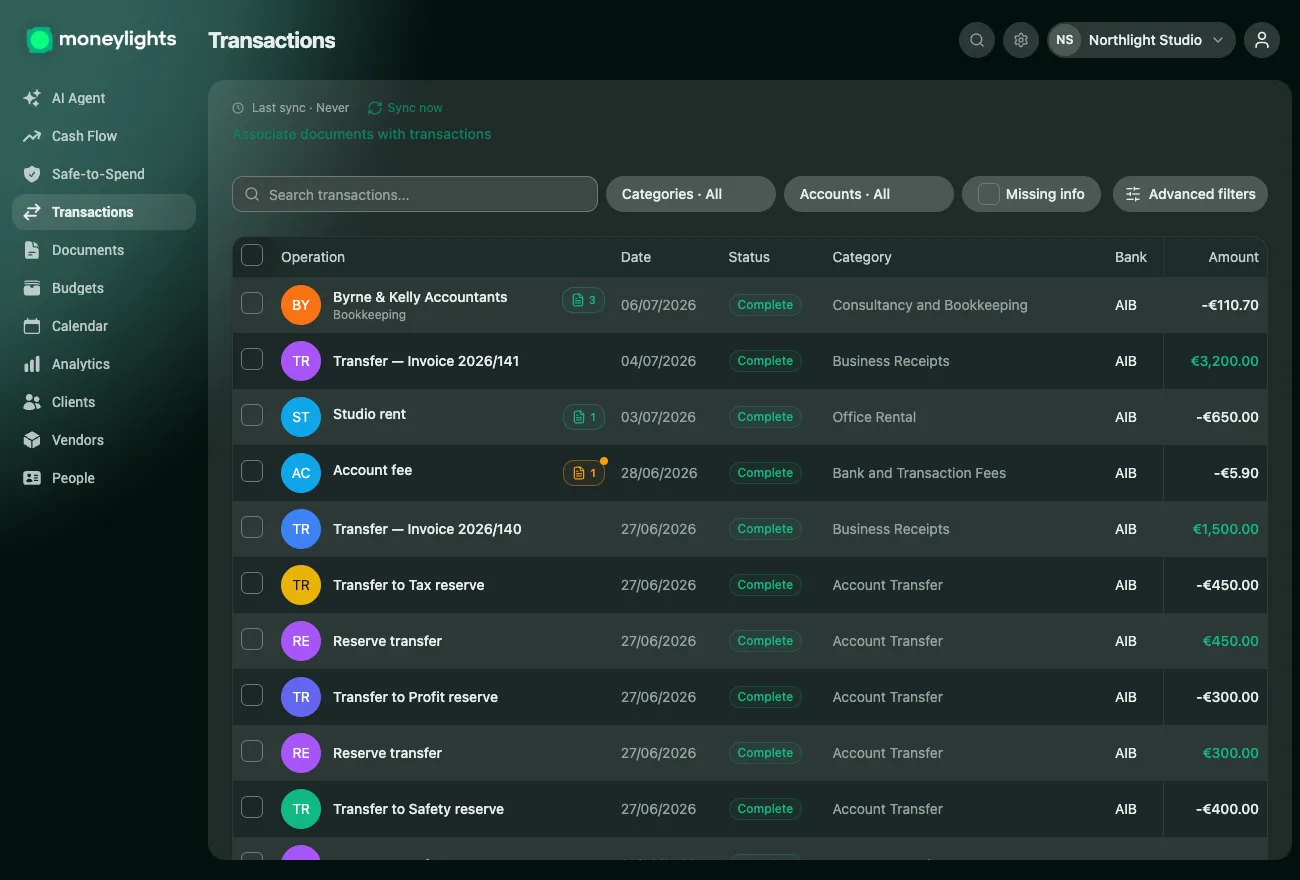 MoneyLights Transactions screen: every movement synced from the bank and categorised automatically, with status, category, bank and amount