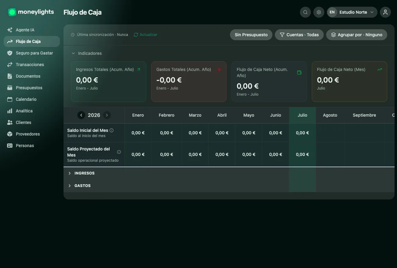 Pantalla de Flujo de caja de MoneyLights: ingresos totales, gastos y flujo neto del año, con el saldo evolucionando mes a mes