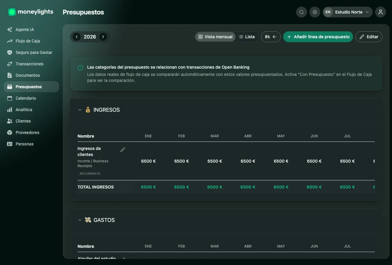 Pantalla de Presupuesto de MoneyLights: ingresos y gastos planificados por categoría, mes a mes, para comparar con los movimientos reales