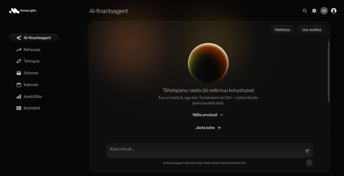 MoneyLightsi finants-AI-agendi ekraan: teade ütleb, et kuu kohustused on kaetud, kuid Turvavaru on tühi, koos tegevustega Näita arvutust ja Jaota kohe ning väljaga küsimuse esitamiseks