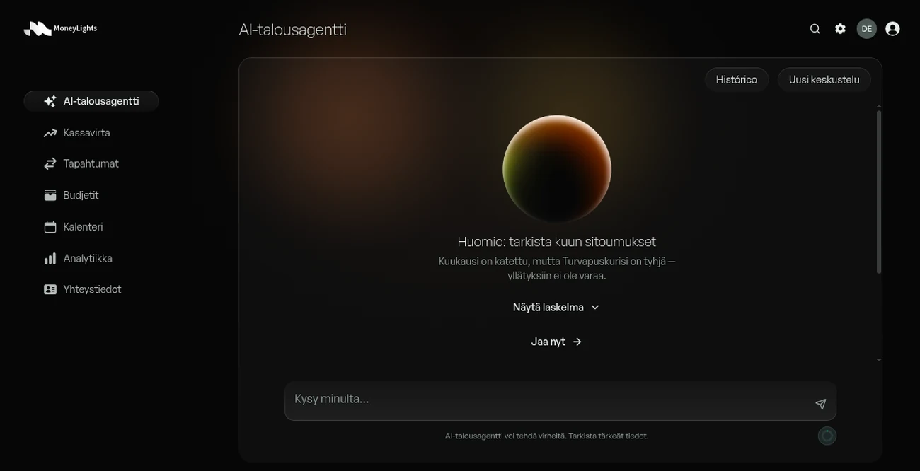 MoneyLightsin talouden tekoälyagentin näyttö: huomautus kertoo, että kuukauden sitoumukset on katettu mutta Turvavaranto on tyhjä, mukana toiminnot Näytä laskelma ja Jaa nyt sekä kenttä kysymyksen esittämiseen