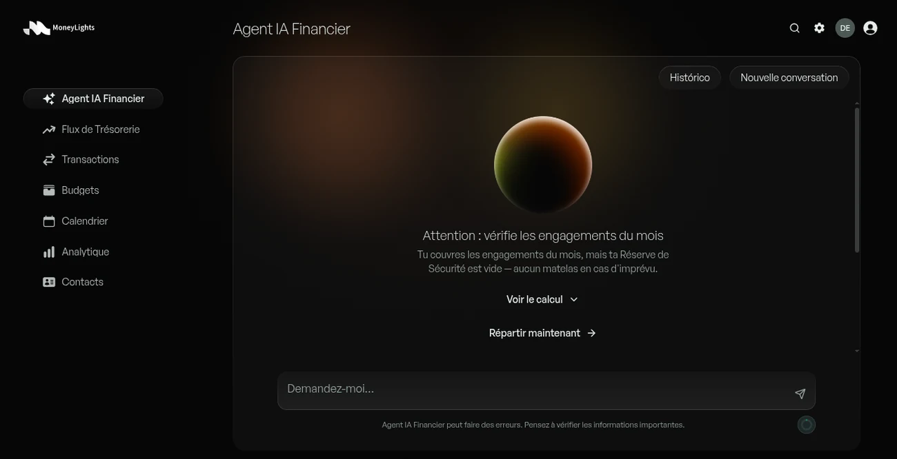 Écran de l'Agent IA Financier de MoneyLights : une alerte signale que les engagements du mois sont couverts mais que la Réserve de sécurité est vide, avec les actions Voir les calculs et Distribuer maintenant et un champ pour poser une question