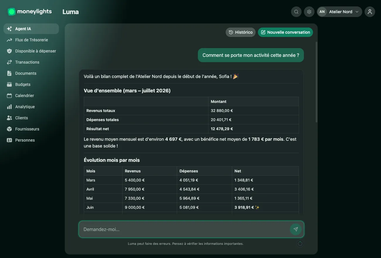 Luma, l'agent IA de MoneyLights, répondant en langage clair à la question "Que sont les Envelopes et comment fonctionnent-elles ?" avec une explication organisée par enveloppe