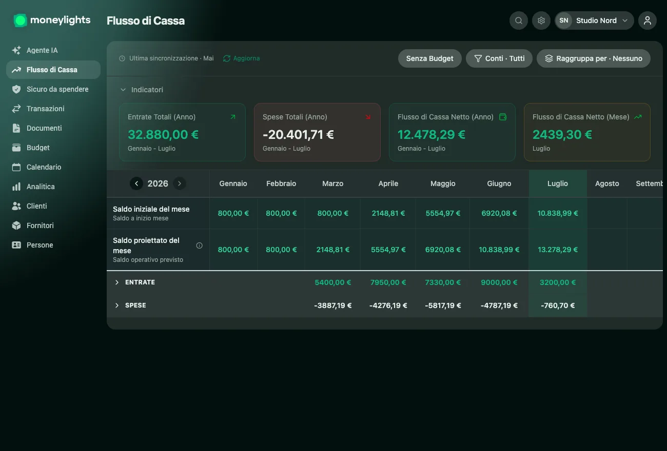 Schermata del Flusso di cassa di MoneyLights: ricavi totali, spese e flusso netto dell'anno, con il saldo che evolve mese per mese