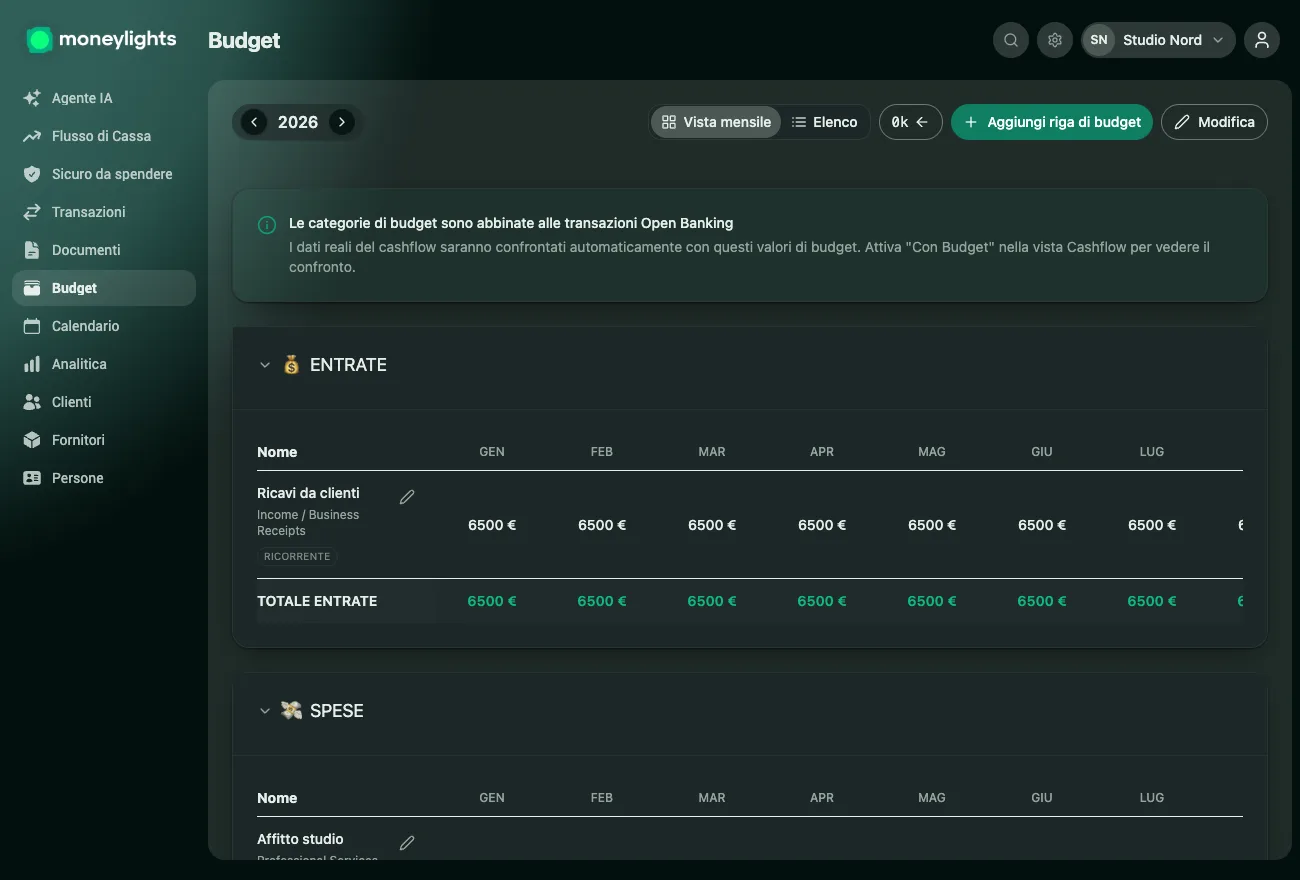 Schermata del Budget di MoneyLights: ricavi e spese pianificati per categoria, mese per mese, da confrontare con i movimenti reali